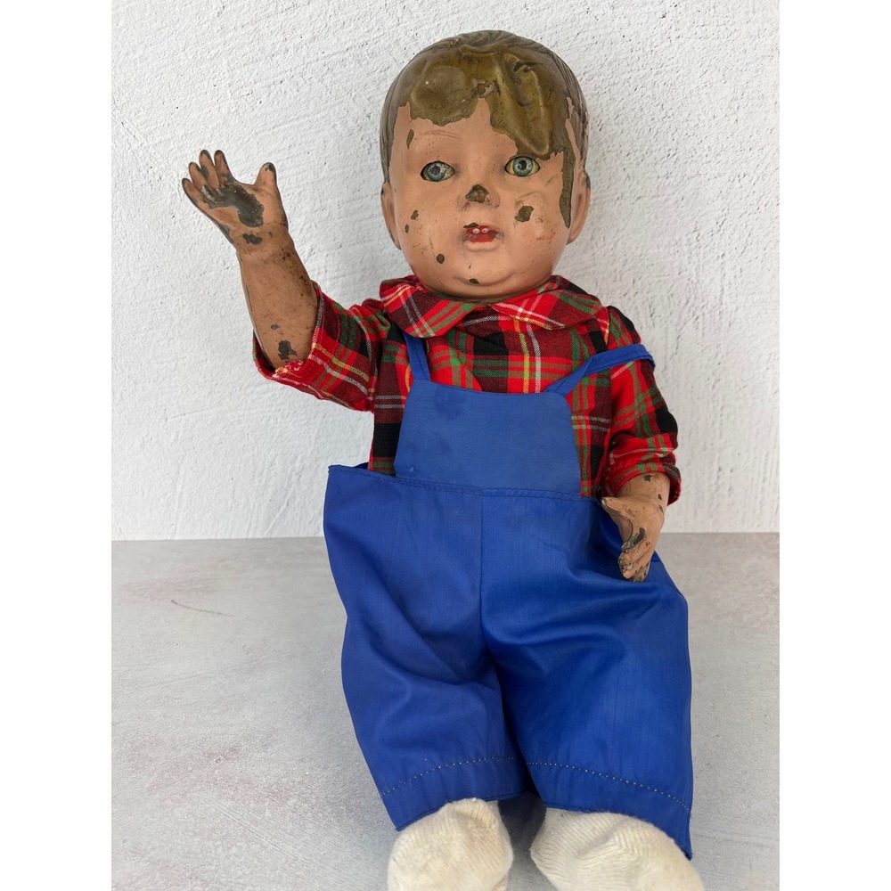 Metal Tin Vintage Antique Doll Creepy Large Eyes Move Cast Rare Boy Guy